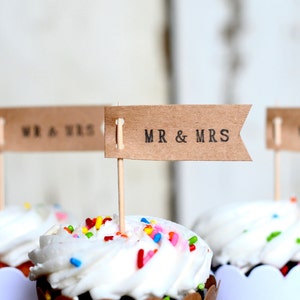 Mr. & Mrs. or Miss to Mrs. Flag Cupcake Toppers - Perfect Dessert toppers for Engagement Parties, Wedding Showers, or Receptions.