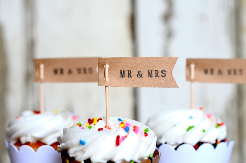 Mr. & Mrs. or Miss to Mrs. Flag Cupcake Toppers - Perfect Dessert toppers for Engagement Parties, Wedding Showers, or Receptions.