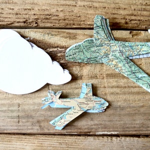Small and Large Vintage Map Paper Airplane Confetti Available. White cloud cutouts also available. Perfect for table decorations. image 6