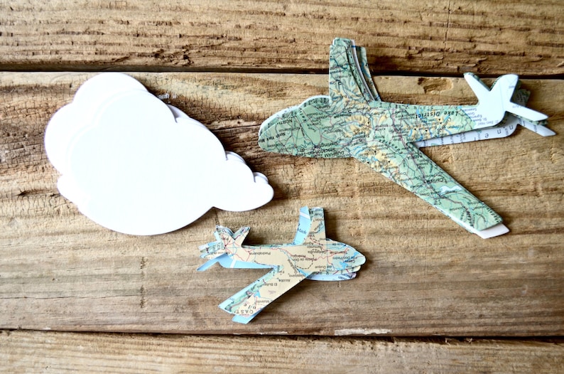 Small and Large Vintage Map Paper Airplane Confetti Available. White cloud cutouts also available. Perfect for table decorations. image 6