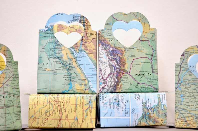 Vintage Map Heart Handled Gift Bags Perfect for gift cards, wedding favors, wedding confetti, small gifts, and candy. image 3