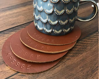 4 Leather Circle Coasters. 4.5&quot; Wide. Choose from Caramel Brown, Chocolate, Black, Western, Camel & other colors! Personalization Available.
