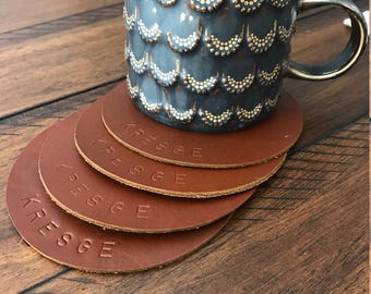 4 Leather Circle Coasters. 4.5" Wide. Choose from Caramel Brown, Chocolate, Black, Western, Camel & other colors! Personalization Available.