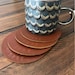 4 Leather Circle Coasters. 4.5' Wide. Choose from Caramel Brown, Chocolate, Black, Western, Camel & other colors! Personalization Available.
