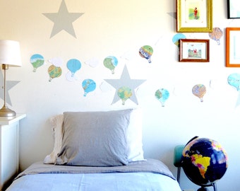 Hot Air Balloons and Clouds Vintage Map Garland, classic adventure party decor