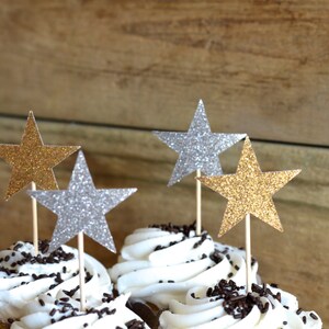 12 Glitter Star Cupcake Toppers in blue, bronze, gold, pink, hot pink, silver, or red custom colors available image 4