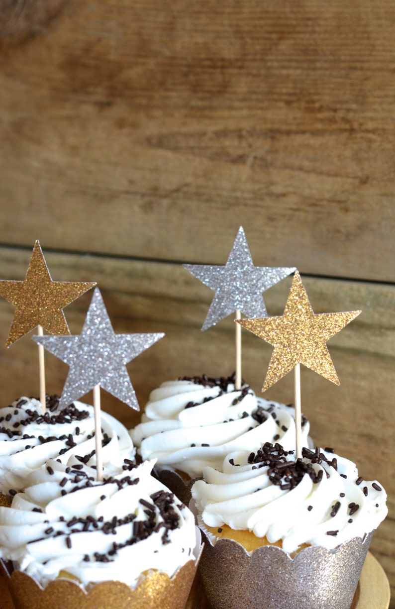 12 Glitter Star Cupcake Toppers in blue, bronze, gold, pink, hot pink, silver, or red custom colors available image 4