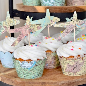 Vintage Map Airplane Cupcake Toppers - Perfect for weddings, birthdays, baby showers, and much more!