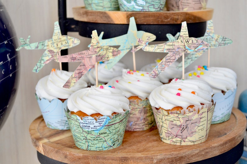 Vintage Map Airplane Cupcake Toppers - Perfect for weddings, birthdays, baby showers, and much more!