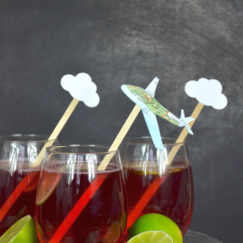 Vintage Map Airplane and White Cloud Drink Stir Sticks. Also available in red, white, blue, green, yellow, gray, black, and more.