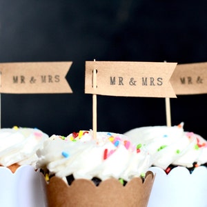 Mr. & Mrs. or Miss to Mrs. Flag Cupcake Toppers - Perfect Dessert toppers for Engagement Parties, Wedding Showers, or Receptions.