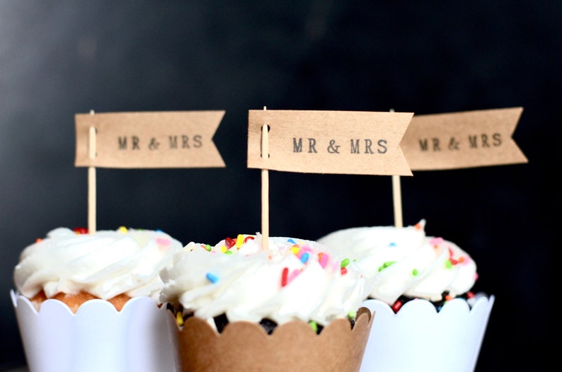 Mr. & Mrs. or Miss to Mrs. Flag Cupcake Toppers - Perfect Dessert toppers for Engagement Parties, Wedding Showers, or Receptions.