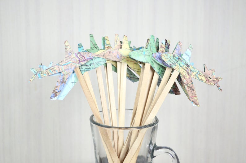 Vintage Map Airplane and White Cloud Drink Stir Sticks. Also available in red, white, blue, green, yellow, gray, black, and more.