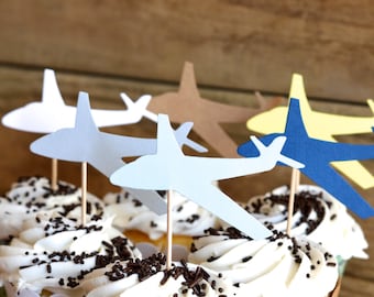 Airplane Cupcake Toppers - Choose from white, blue, grey, yellow, kraft, or a combination!