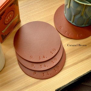 4 Leather Circle Coasters. 4.5 Wide. Choose from Caramel Brown, Chocolate, Black, Western, Camel & other colors Personalization Available. image 2