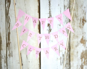 HAPPY BIRTHDAY Personalized Hand Stamped Cake Topper Garland, mini paper bunting - custom colors available