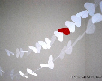 White Paper Hearts Garland - white with a red heart, custom colors available