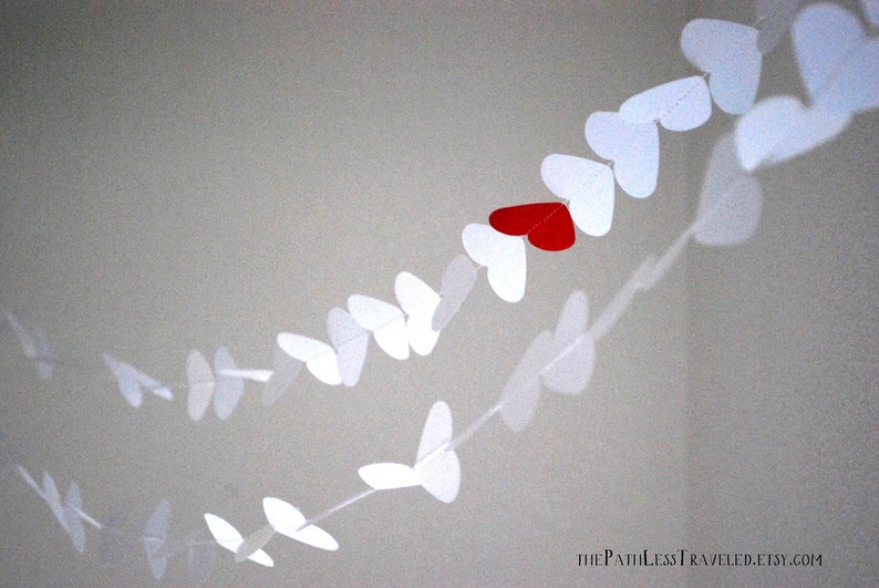 White Paper Hearts Garland white with a red heart, custom colors available image 1