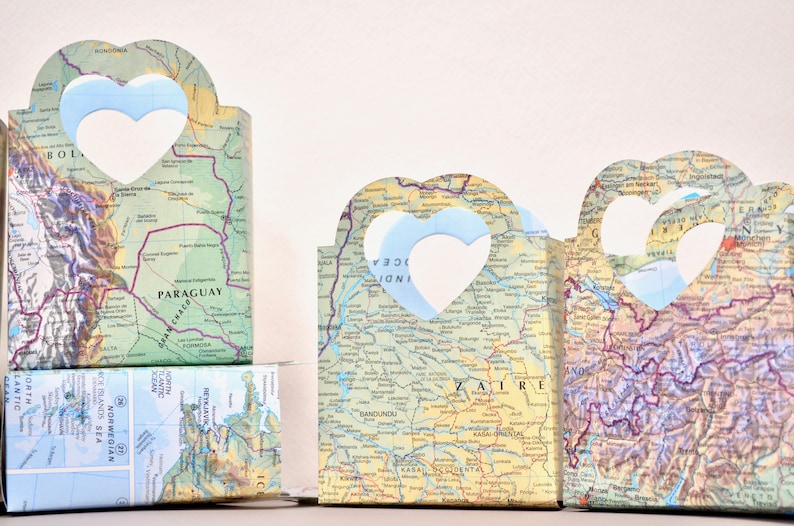 Vintage Map Heart Handled Gift Bags Perfect for gift cards, wedding favors, wedding confetti, small gifts, and candy. image 5