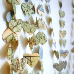 Paper Map Hearts Garland - Select from 10, 15 or 30 feet long strands. Perfect for parties, birthdays, weddings, or a child's room!