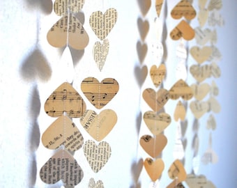 Romantic Vintage Hearts Garland - Created using a wonderful mix of vintage book and music paper. Custom variations available.