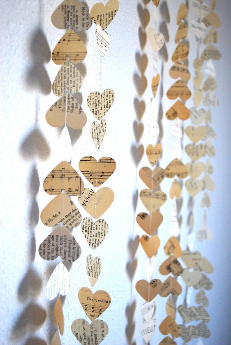 Romantic Vintage Hearts Garland - Created using a wonderful mix of vintage book and music paper. Custom variations available.