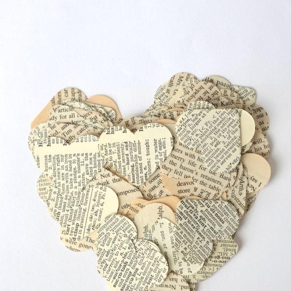 Vintage Book Paper Heart Confetti, medium size pieces, choose your quantity