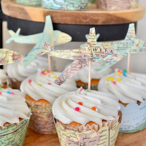 Vintage Map Airplane Cupcake Toppers - Perfect for weddings, birthdays, baby showers, and much more!