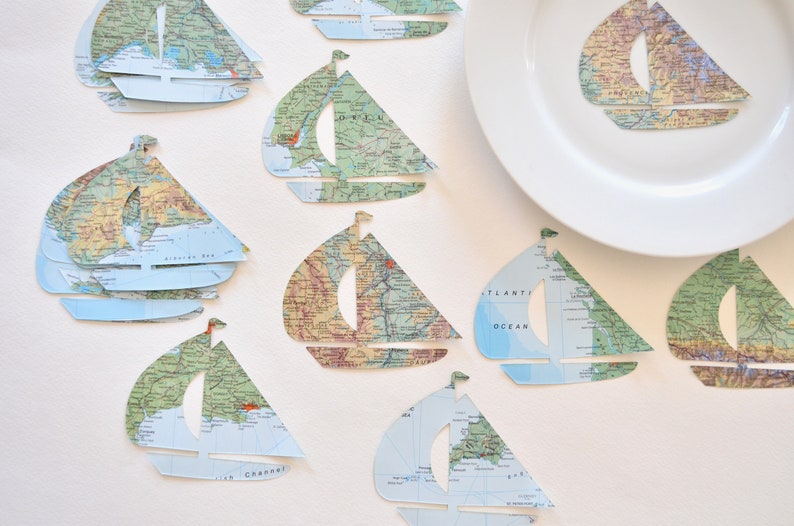 Vintage Map Sailboat Shaped Confetti Choose from 30 or 50 pieces image 1