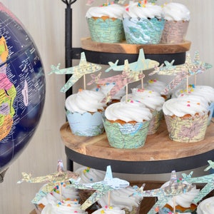 Vintage Map Airplane Cupcake Toppers - Perfect for weddings, birthdays, baby showers, and much more!