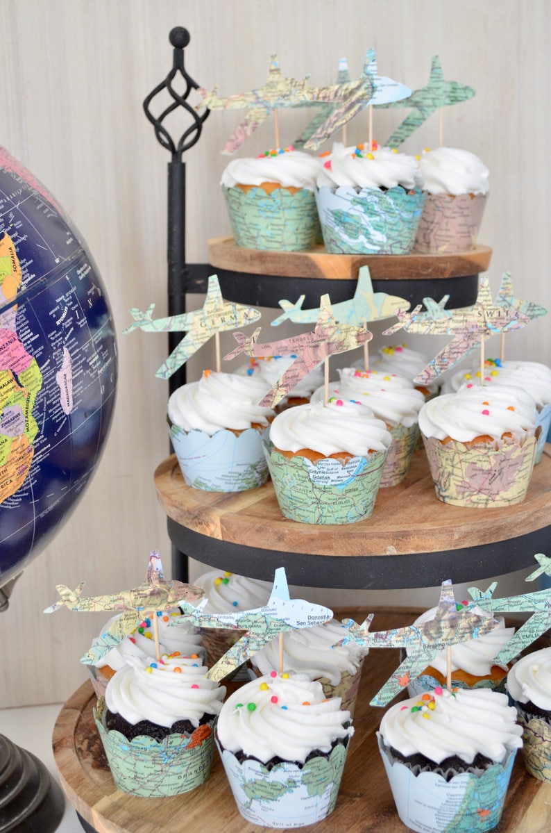 Vintage Map Airplane Cupcake Toppers - Perfect for weddings, birthdays, baby showers, and much more!