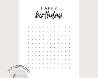 May include: A printable birthday card with the words "HAPPY birthday" in a stylish script font. Below the text is a word search puzzle. A PDF-DOWNLOAD icon is in the lower left corner.