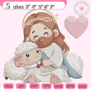 May include: An embroidered design featuring a smiling Jesus figure with a lamb, a halo, and a cross. The design is in shades of brown, white, and blue, with a pink heart and text indicating sizes from 3" to 7".
