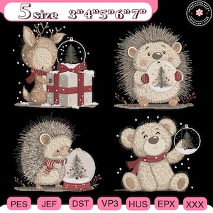 Può includere: Immagine con quattro disegni ricamati su sfondo nero. I disegni includono una renna, due ricci e un orsacchiotto, ognuno a tema invernale. Il testo "5 size 3"4"5"6"7"" è in alto. In basso ci sono abbreviazioni dei tipi di file di ricamo.