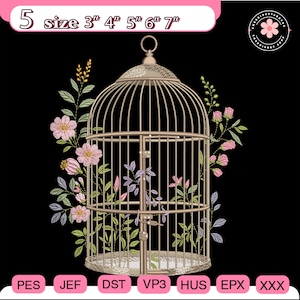 May include: A beige birdcage design with pink and purple floral embroidery. The cage has a circular top and a door. The text at the top says "5 size 3", 4", 5", 6", 7". The design is on a black background.