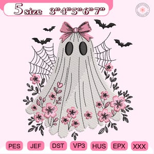 May include: A white ghost design with a pink bow, black eyes, and pink flowers. The design includes bats and spiderwebs. The text at the top says "5 size 3" 4" 5" 6" 7"" and the bottom has file type abbreviations.