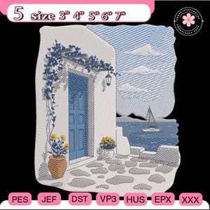 May include: An embroidered design depicting a Greek island scene with a blue door, white walls, and a sailboat on the sea. The design includes a flower pot, a hanging lantern, and the text "5 size 3" 4" 5" 6" 7"" at the top.