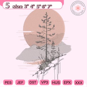 May include: An embroidery design featuring a detailed tree silhouette against a textured sun and mountain backdrop. The design includes the text "5 size 3" 4" 5" 6" 7"" at the top and various file type abbreviations at the bottom. The color palette is primarily black and pink.