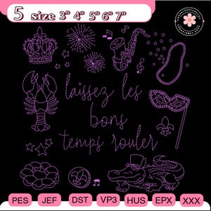 May include: A black background with purple line art of a crown, fireworks, musical notes, a saxophone, a lobster, a mask, a fleur-de-lis, a gator, and text that reads "laissez les bons temps rouler". The image also includes size options.