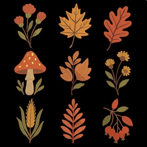 Fall Pattern Embroidery Bundle, Woodland Autumn Embroidery Design, Autumn Season Idea, Forest Plant And Mushroom File, Halloween Design