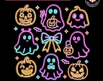 Halloween Neon Ghost Pumpkin Bow Embroidery File, Cute Halloween Boo Pumpkin Embroidery Design, Spooky Season Gift, Halloween Gift