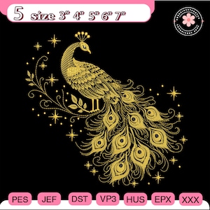 May include: Gold embroidered peacock design on a black background. The peacock is detailed with a crown and flowing tail feathers. The design includes stars and foliage. Sizes available: 3", 4", 5", 6", and 7".