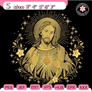 Könnte beinhalten: Goldene Stickerei-Design von Jesus mit Heiligenschein, Herz und floralen Akzenten auf schwarzem Hintergrund. Das Design enthält den Text "5 size 3", 4", 5", 6", 7"" und verschiedene Dateiformat-Abkürzungen. Das Bild stammt von "Embroidery Shop".