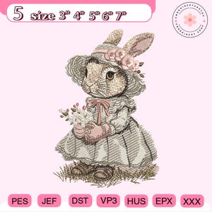Könnte beinhalten: Gesticktes Design eines Häschens mit Hut und Kleid, das Blumen hält. Das Design enthält oben den Text "5 size 3" 4" 5" 6" 7"". Das Design ist in Braun-, Rosa- und Weißtönen gehalten.