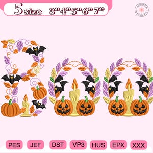 May include: Halloween-themed embroidery design featuring the word "BOO" with pumpkins, bats, and candles. The design includes sizes from 3" to 7" and is available in multiple file formats. The design is set against a light pink background.