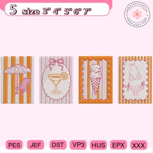 May include: Four embroidered patches with summer themes: a beach umbrella and chair, a cocktail, an ice cream cone, and a bikini. The patches are framed with orange and white stripes and pink borders. Sizes range from 3 to 7 inches.