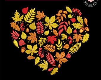 Autumn Leaves Heart Embroidery File, Thanksgiving Embroidered Design, Cozy Fall File, Halloween Gift Idea, Spooky Season Gift Design