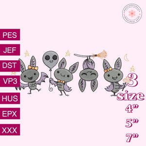 Plik do haftu Halloween Cute Bat, projekt Spooky Season, plik Balloon Ghost, plik Bat With Broomstick Digital Download, projekt Halloween