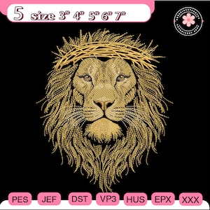 May include: Gold embroidered lion head design with a crown of thorns on a black background. The design is available in 5 sizes: 3", 4", 5", 6", and 7". The image also includes embroidery file formats: PES, JEF, DST, VP3, HUS, EPX, and XXX.