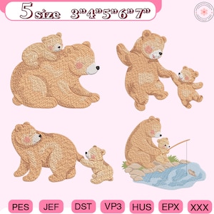 Pode incluir: Quatro desenhos bordados de ursinhos em várias poses. Um urso carrega um urso menor nas costas. Outro urso segura a mão de um urso menor. O texto "5 size 3"4"5"6"7"" está no topo.